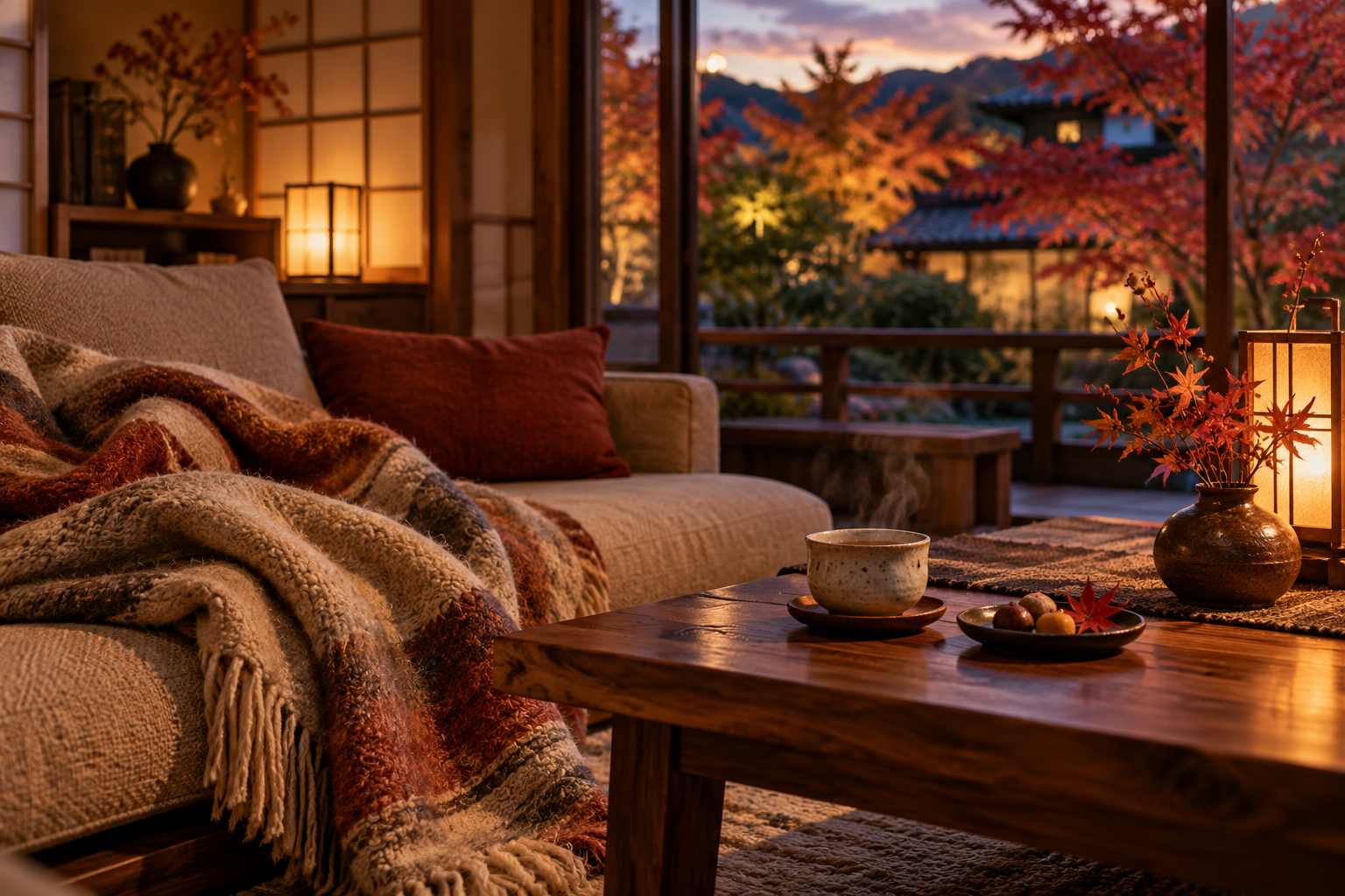 ひざ掛けと温かい飲み物がある秋の居間